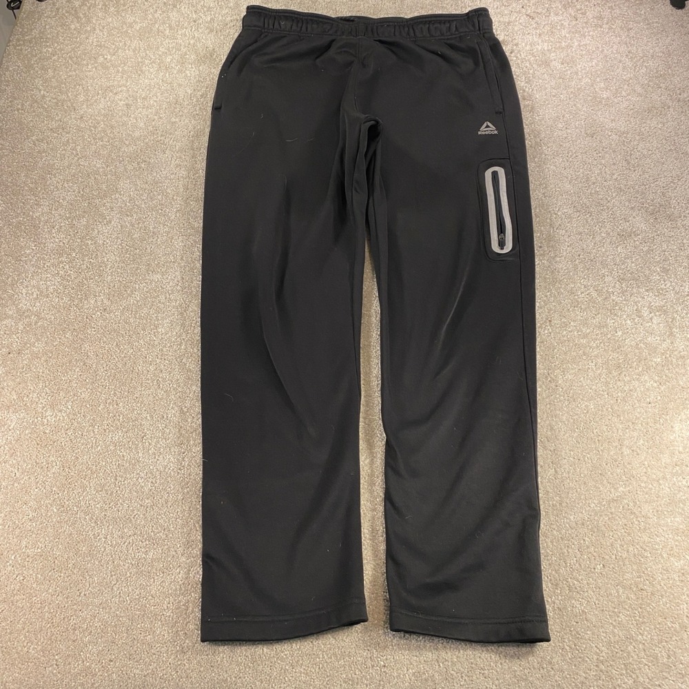 Reebok Sweatpants Mens Large Black Fleece Lined Zipper Thigh Pocket Straight Leg
